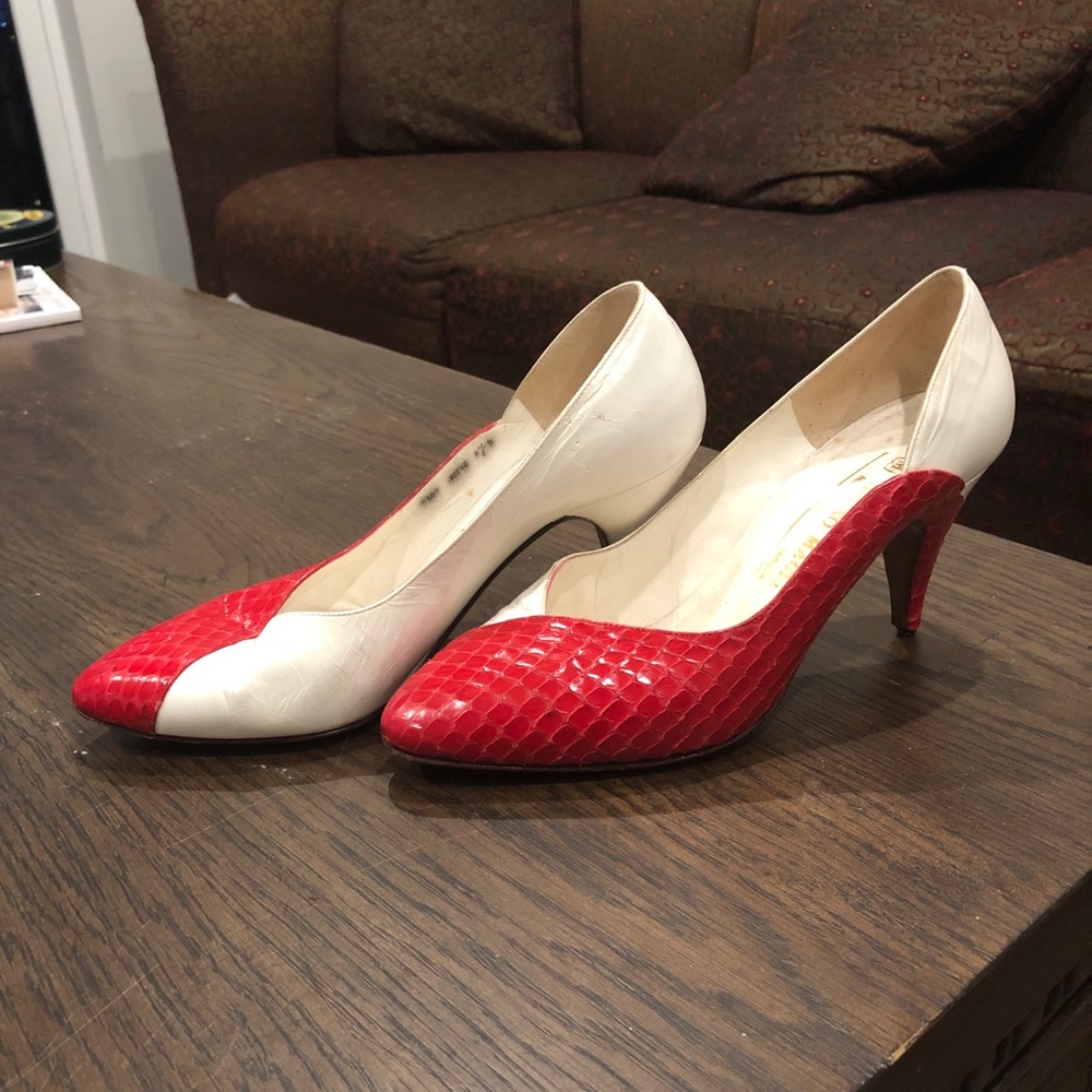 Bruno Magli white and red snake skin heels